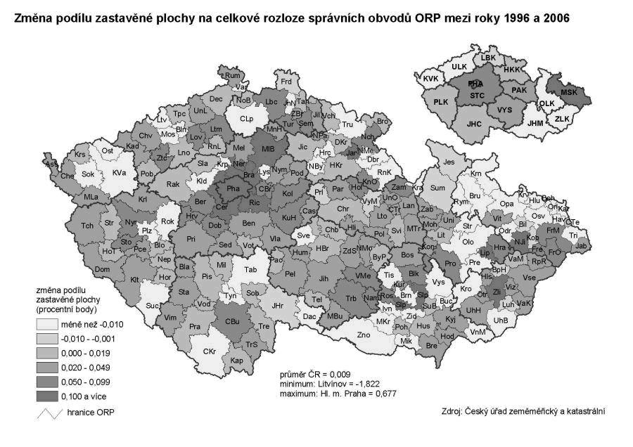 Kartogram 25 Změna podílu zastavěné plochy na celkové rozloze správních obvodů ORP mezi roky 1996 a 2006